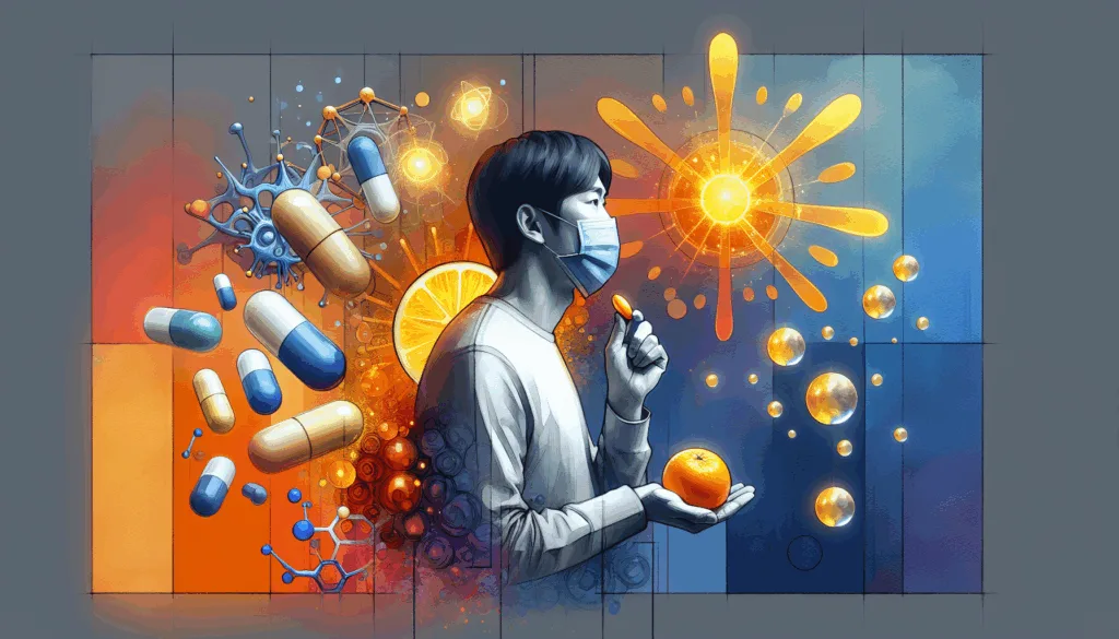 A vibrant and symbolic depiction of a Korean person thoughtfully holding a fresh orange and a vitamin C capsule, surrounded by glowing immune system icons. The background features a high-contrast blend of bright orange and deep blue shades, emphasizing health and vitality. Minimalist composition with emotional focus on hope and well-being.