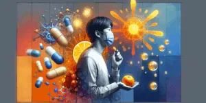A vibrant and symbolic depiction of a Korean person thoughtfully holding a fresh orange and a vitamin C capsule, surrounded by glowing immune system icons. The background features a high-contrast blend of bright orange and deep blue shades, emphasizing health and vitality. Minimalist composition with emotional focus on hope and well-being.
