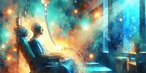 A Korean person sits in a hospital chair, bathed in vibrant orange and deep blue light. Glowing vitamin C molecules pulse around an IV drip, symbolizing hope and scientific healing. The image is a powerful representation of strength and recovery.