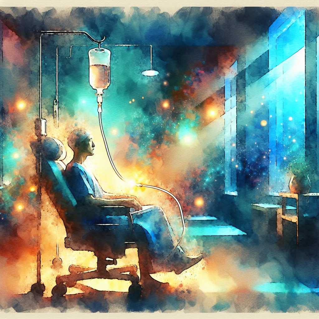 A Korean person sits in a hospital chair, bathed in vibrant orange and deep blue light. Glowing vitamin C molecules pulse around an IV drip, symbolizing hope and scientific healing. The image is a powerful representation of strength and recovery.