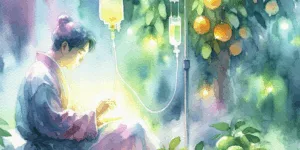 A vibrant Korean person, bathed in glowing light, receives a bright vitamin C IV drip. Surrounding them are luminous citrus fruits and lush green leaves, creating a high-contrast, healthy image.