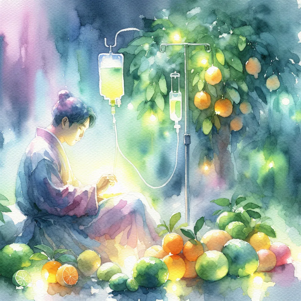 A vibrant Korean person, bathed in glowing light, receives a bright vitamin C IV drip. Surrounding them are luminous citrus fruits and lush green leaves, creating a high-contrast, healthy image.