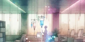 A Korean individual, bathed in soft, clinical light, receives an IV vitamin C infusion. Glowing, stylized molecules representing antioxidants and immune cells swirl around them, symbolizing the revitalizing effect of the treatment. Modern medical equipment and a clean, sterile environment complete the scene, highlighting health and wellness.
