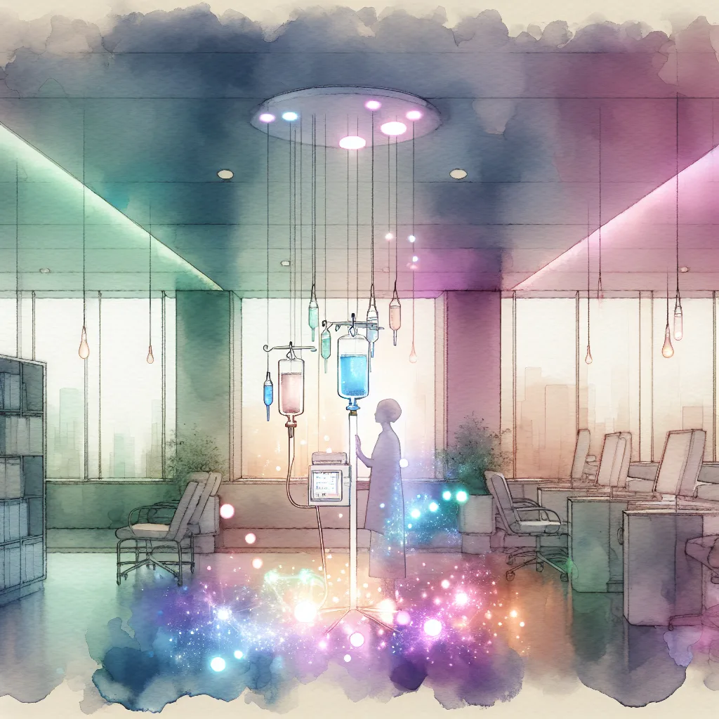 A Korean individual, bathed in soft, clinical light, receives an IV vitamin C infusion. Glowing, stylized molecules representing antioxidants and immune cells swirl around them, symbolizing the revitalizing effect of the treatment. Modern medical equipment and a clean, sterile environment complete the scene, highlighting health and wellness.