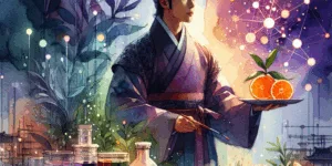 A Korean person, radiating strength, holds a fresh citrus fruit and a plate of iron-rich foods. Their confident stance is set against a backdrop of glowing, vibrant red blood cells, symbolizing health and vitality.