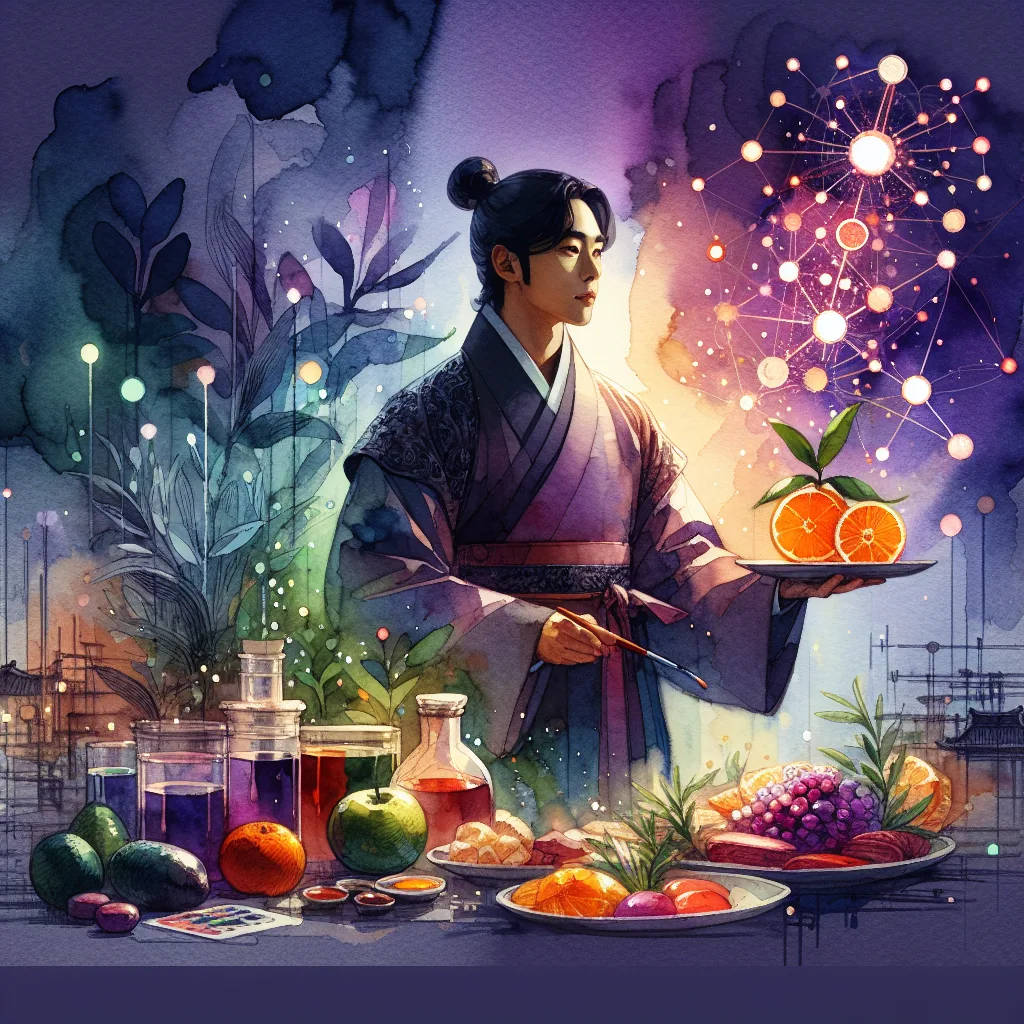 A Korean person, radiating strength, holds a fresh citrus fruit and a plate of iron-rich foods. Their confident stance is set against a backdrop of glowing, vibrant red blood cells, symbolizing health and vitality.