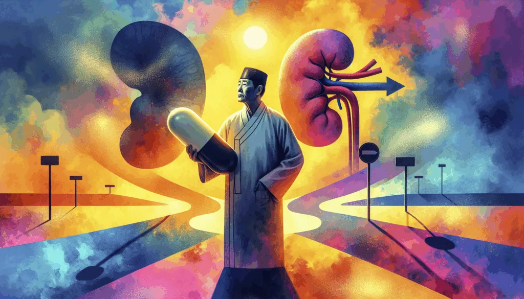 A vibrant and symbolic depiction of a Korean person holding a large vitamin C tablet with a concerned expression, standing at a crossroads illuminated by contrasting bright and dark colors. The background subtly shows a kidney and stomach silhouette, representing health risks. Emphasize vibrant, symbolic, minimalist, and high contrast style to evoke caution and awareness.