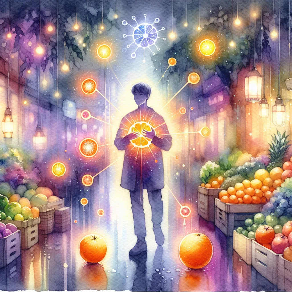 A Korean individual, radiating health, holds a vibrant orange, surrounded by glowing vitamin C molecules. Bright, fresh fruits and vegetables burst with color in the background, creating a high-contrast, vibrant illustration.