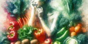A vibrant Korean person stands beside a pristine white kitchen counter overflowing with a colorful bounty of fresh produce. Bright red peppers, emerald green kale, golden kiwis, and juicy oranges create a symphony of color, symbolizing health and abundance. The scene is both lively and symbolic of Korean cuisine and the appreciation for nature's gifts.