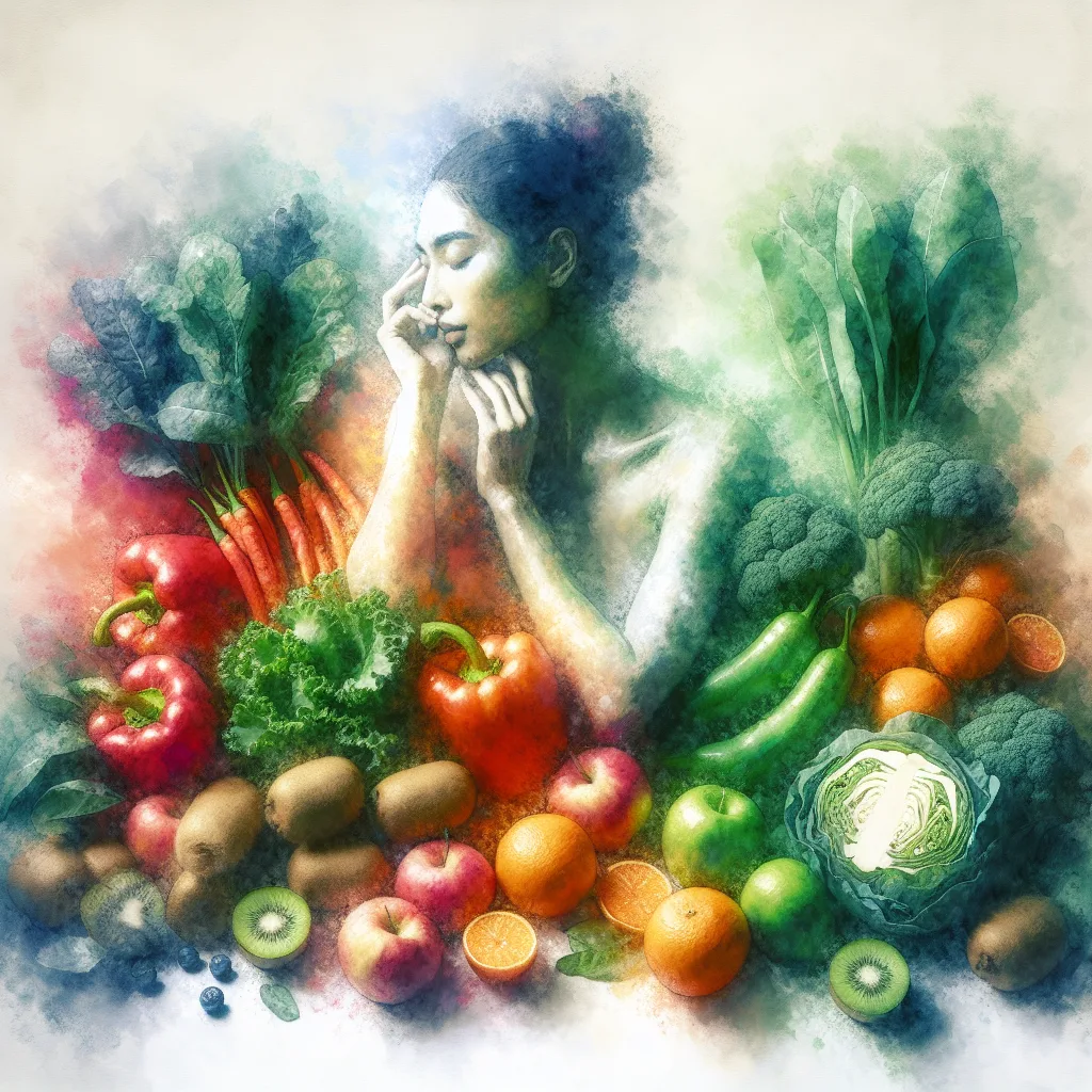A vibrant Korean person stands beside a pristine white kitchen counter overflowing with a colorful bounty of fresh produce. Bright red peppers, emerald green kale, golden kiwis, and juicy oranges create a symphony of color, symbolizing health and abundance. The scene is both lively and symbolic of Korean cuisine and the appreciation for nature's gifts.