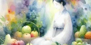A vibrant Korean person, bathed in a halo of rainbow hues, is surrounded by glowing, fresh fruits and vegetables bursting with color. The image is high-contrast and full of energy.