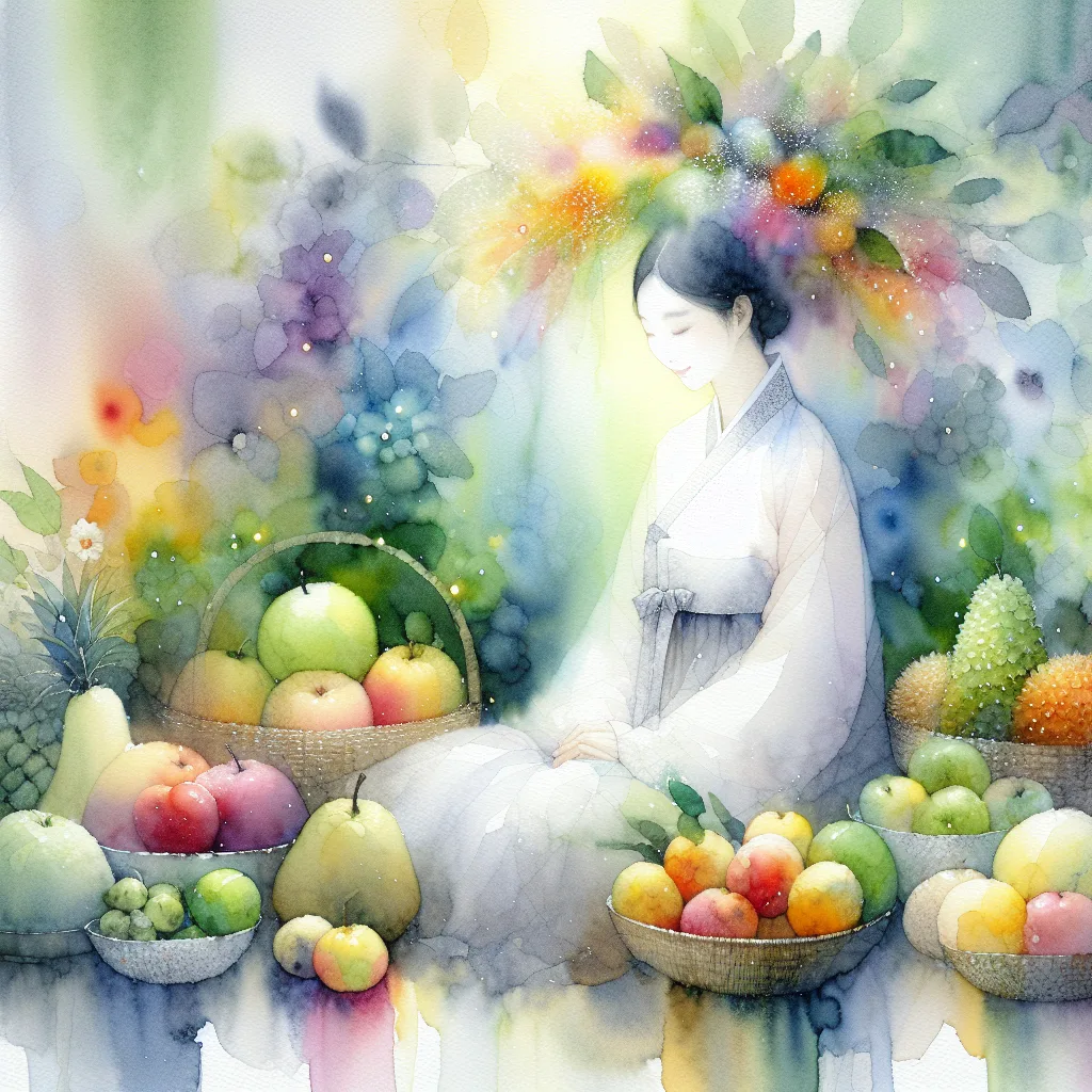 A vibrant Korean person, bathed in a halo of rainbow hues, is surrounded by glowing, fresh fruits and vegetables bursting with color. The image is high-contrast and full of energy.