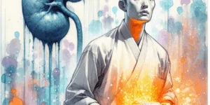 A Korean individual, face etched with mild concern, holds a luminous vitamin C tablet against a backdrop of vibrant orange and azure. A subtle, shadowy kidney stone silhouette hints at potential risks of excessive intake. High contrast and minimal design emphasize the emotional weight of the subject.