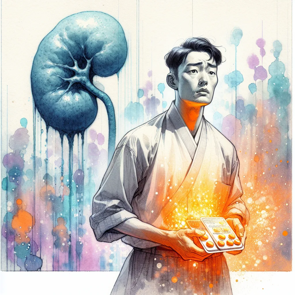 A Korean individual, face etched with mild concern, holds a luminous vitamin C tablet against a backdrop of vibrant orange and azure. A subtle, shadowy kidney stone silhouette hints at potential risks of excessive intake. High contrast and minimal design emphasize the emotional weight of the subject.