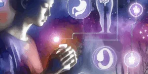A Korean person, eyes downcast, holds a vibrant vitamin C bottle. Glowing healthy organs (heart, lungs) contrast with faint stomach and kidney icons, a stark warning against potential side effects. High contrast colors and minimalist design emphasize the cautious approach to vitamin C supplementation.
