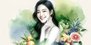 A vibrant illustration of a Korean woman smiling, surrounded by fresh fruits and vegetables, with a subtle glow on her face symbolizing healthy skin. The background is a mix of green and blue, representing nature and wellness. The overall style is minimalist and high-contrast, emphasizing the importance of vitamin C for skin health.