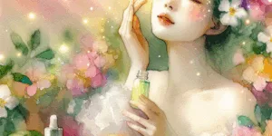 A Korean woman's radiant, youthful skin glows under soft natural light as she delicately applies vitamin C serum. Surrounding her, vibrant citrus fruits—oranges, lemons, and mandarins—overflow with a subtle, glowing aura. Tiny particles of light shimmer around her, highlighting the healthy, youthful energy.
