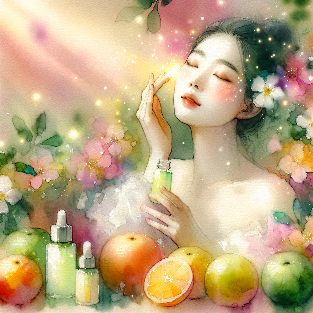 A Korean woman's radiant, youthful skin glows under soft natural light as she delicately applies vitamin C serum. Surrounding her, vibrant citrus fruits—oranges, lemons, and mandarins—overflow with a subtle, glowing aura. Tiny particles of light shimmer around her, highlighting the healthy, youthful energy.