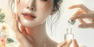 Close-up of a Korean woman gently applying a glowing serum to her radiant skin. Soft natural light highlights her clear complexion. A minimalist background suggests purity with citrus fruits and sparkling water droplets, emphasizing skin brightening.