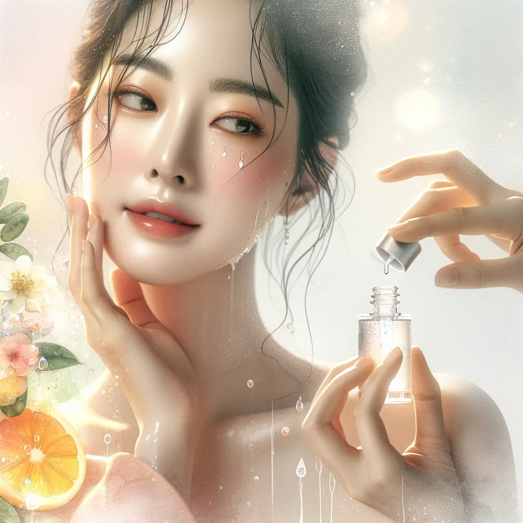 Close-up of a Korean woman gently applying a glowing serum to her radiant skin. Soft natural light highlights her clear complexion. A minimalist background suggests purity with citrus fruits and sparkling water droplets, emphasizing skin brightening.