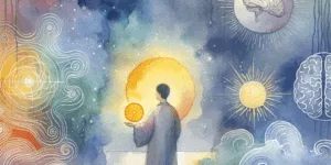 A vibrant Korean person, bathed in a glow, holds a luminous orange slice. Surrounding them are swirling blue and yellow energy waves, symbolizing stress relief. Subtle icons of a brain, heart, and sun create a calm, vital backdrop.