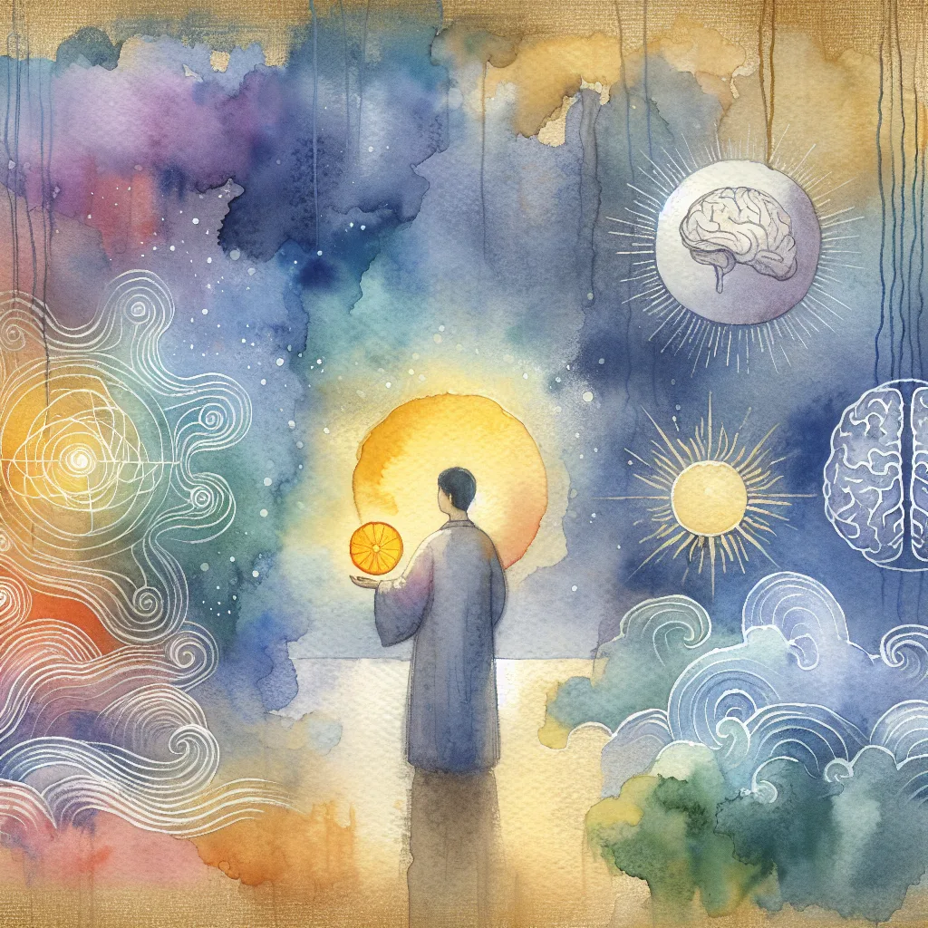 A vibrant Korean person, bathed in a glow, holds a luminous orange slice. Surrounding them are swirling blue and yellow energy waves, symbolizing stress relief. Subtle icons of a brain, heart, and sun create a calm, vital backdrop.