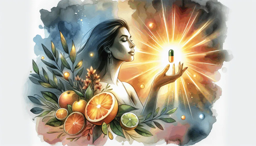 A vibrant and symbolic depiction of a Korean person confidently holding a glowing vitamin C capsule, surrounded by radiant light and natural elements like fresh citrus fruits and green leaves. The background features a high contrast blend of warm orange and cool blue tones, emphasizing health, vitality, and clarity. Minimalist composition with emotional focus on hope and wellness.