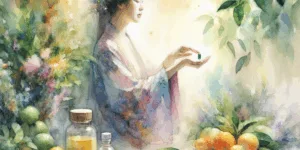 A vibrant illustration showcases a Korean person, radiating energy, holding a luminous vitamin C capsule. Fresh citrus fruits (oranges, lemons, limes) and lush green leaves surround them, creating a high-contrast, healthy scene. The capsule glows with an inner light, emphasizing its potent nature.