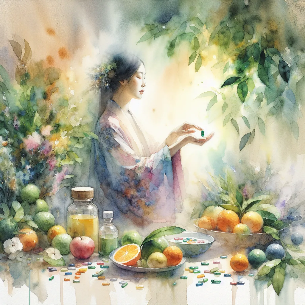 A vibrant illustration showcases a Korean person, radiating energy, holding a luminous vitamin C capsule. Fresh citrus fruits (oranges, lemons, limes) and lush green leaves surround them, creating a high-contrast, healthy scene. The capsule glows with an inner light, emphasizing its potent nature.