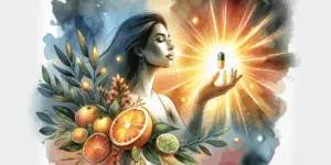 A vibrant and symbolic depiction of a Korean person confidently holding a glowing vitamin C capsule, surrounded by radiant light and natural elements like fresh citrus fruits and green leaves. The background features a high contrast blend of warm orange and cool blue tones, emphasizing health, vitality, and clarity. Minimalist composition with emotional focus on hope and wellness.