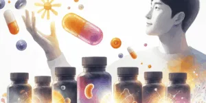 Five vibrant vitamin C supplement bottles arc dynamically against a white background. A hopeful Korean person holds one, positioned in the foreground. Subtle glowing immune cell and healthy skin icons subtly illuminate the background, enhancing the sense of wellness and energy. High contrast, minimal design, emotionally uplifting.