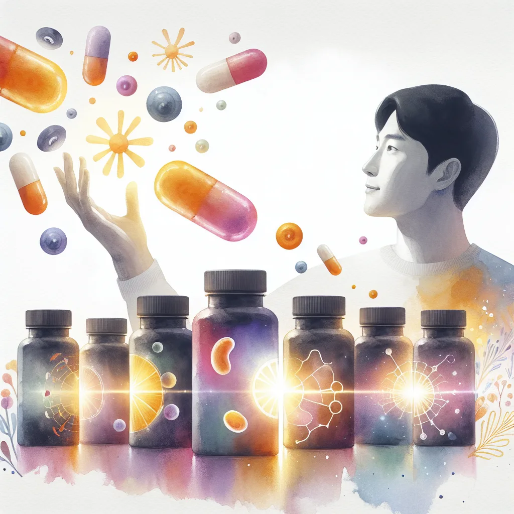 Five vibrant vitamin C supplement bottles arc dynamically against a white background. A hopeful Korean person holds one, positioned in the foreground. Subtle glowing immune cell and healthy skin icons subtly illuminate the background, enhancing the sense of wellness and energy. High contrast, minimal design, emotionally uplifting.