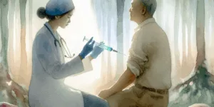 A medical professional expertly administers a vitamin C injection, a vibrant burst of color against a subtle, almost ethereal background. Faint, silhouetted representations of cancer cells suggest the treatment's targeted approach. The scene is both hopeful and scientifically informed.