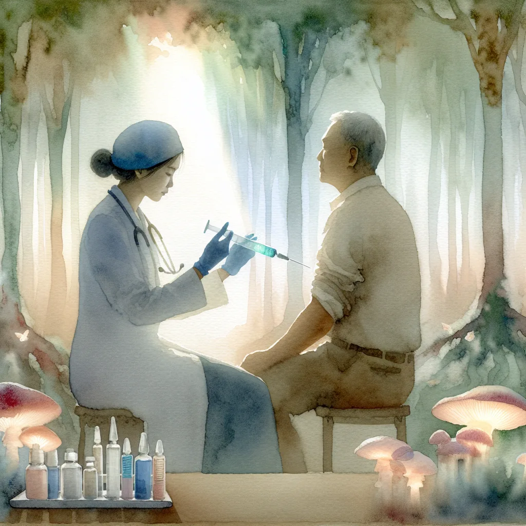 A medical professional expertly administers a vitamin C injection, a vibrant burst of color against a subtle, almost ethereal background. Faint, silhouetted representations of cancer cells suggest the treatment's targeted approach. The scene is both hopeful and scientifically informed.