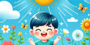 A joyful Korean child, bathed in sunlight, plays amidst flowers and butterflies against a vibrant blue sky dotted with fluffy clouds. The bright colors and high contrast emphasize the child's happiness and the importance of vitamin D for healthy growth. Minimalist design highlights the emotional connection between child and nature.