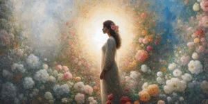 A person stands amidst a riot of blooming flowers, bathed in sunlight. Vibrant hues of color burst forth, contrasting with a gentle, calming blue gradient backdrop. Hope, renewed and vibrant, blossoms around them.