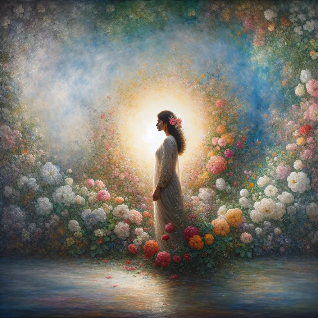 A person stands amidst a riot of blooming flowers, bathed in sunlight. Vibrant hues of color burst forth, contrasting with a gentle, calming blue gradient backdrop. Hope, renewed and vibrant, blossoms around them.
