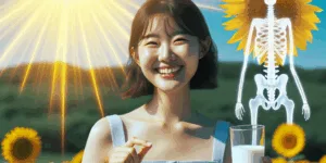 A Korean person, smiling and holding a glass of milk, stands amidst vibrant sunflowers under a bright sun. The subtle, highlighted bone structure in the background subtly emphasizes the link between sunlight, vitamin D, and bone health. High contrast colors evoke a sense of wellness and joy. Minimalist design underscores the emotional connection between nutrition and well-being.