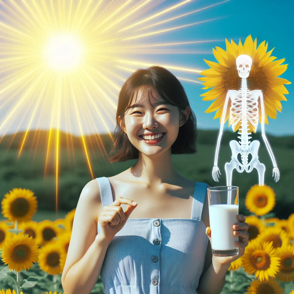A Korean person, smiling and holding a glass of milk, stands amidst vibrant sunflowers under a bright sun. The subtle, highlighted bone structure in the background subtly emphasizes the link between sunlight, vitamin D, and bone health. High contrast colors evoke a sense of wellness and joy. Minimalist design underscores the emotional connection between nutrition and well-being.