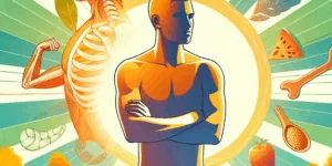 A vibrant Korean individual stands in a sun-drenched field, embodying strength and health. Surrounding them are stylized representations of strong bones and sculpted muscles. A subtle background of vitamin-rich foods like fish, leafy greens, and citrus fruits hints at the nourishment fueling their well-being. The image celebrates healthy living and Korean heritage.