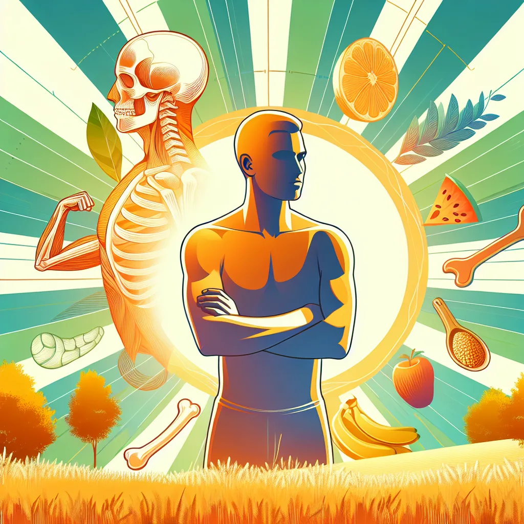 A vibrant Korean individual stands in a sun-drenched field, embodying strength and health. Surrounding them are stylized representations of strong bones and sculpted muscles. A subtle background of vitamin-rich foods like fish, leafy greens, and citrus fruits hints at the nourishment fueling their well-being. The image celebrates healthy living and Korean heritage.