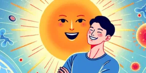 A vibrant illustration of a smiling Korean person standing confidently before a large, radiant sun. Subtle immune cell imagery and a faint viral representation in the background subtly showcase the protective role of vitamin D on the immune system. Bright colors and high contrast highlight the positive impact of vitamin D.