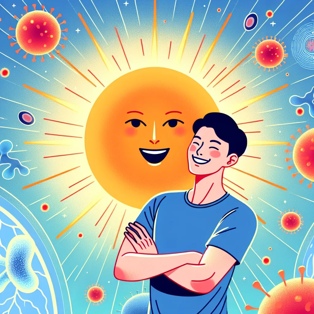 A vibrant illustration of a smiling Korean person standing confidently before a large, radiant sun. Subtle immune cell imagery and a faint viral representation in the background subtly showcase the protective role of vitamin D on the immune system. Bright colors and high contrast highlight the positive impact of vitamin D.