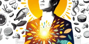 A vibrant illustration of a Korean individual, bathed in sunlight, stands amidst a bounty of vitamin D-rich foods (salmon, mushrooms, eggs) and supplements. Sunny, minimalist background. High contrast colors highlight the key elements: health, sunshine, and Korean identity.