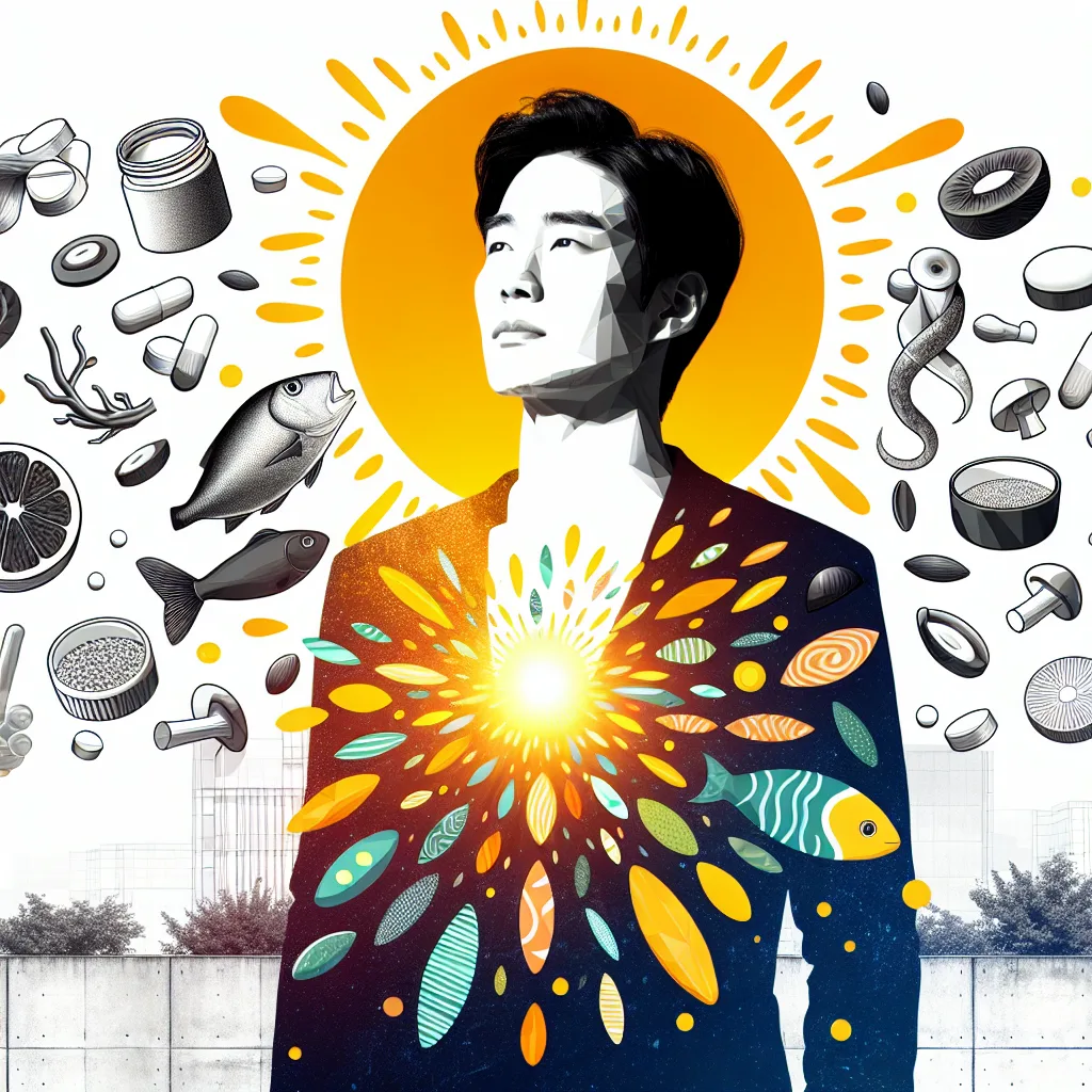A vibrant illustration of a Korean individual, bathed in sunlight, stands amidst a bounty of vitamin D-rich foods (salmon, mushrooms, eggs) and supplements. Sunny, minimalist background. High contrast colors highlight the key elements: health, sunshine, and Korean identity.