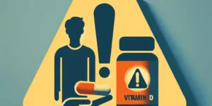 A person holds a bright yellow vitamin D supplement. A subtle, red caution triangle fades into the background. High contrast, vibrant colors highlight the potential risks associated with vitamin D supplementation. Minimalist design emphasizes caution and awareness.