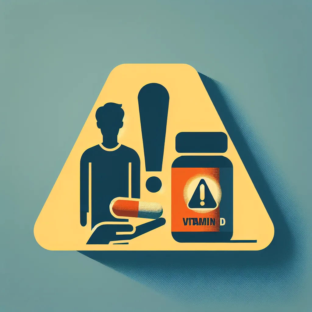 A person holds a bright yellow vitamin D supplement. A subtle, red caution triangle fades into the background. High contrast, vibrant colors highlight the potential risks associated with vitamin D supplementation. Minimalist design emphasizes caution and awareness.