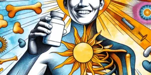 A vibrant illustration of a smiling Korean person, holding a vitamin D bottle, bathed in warm sunlight. A subtle bone structure graphic appears in the foreground, symbolizing healthy bones. Warm colors and high contrast highlight the positive effects of vitamin D. Minimalist design emphasizes the benefits of sunshine and bone health.