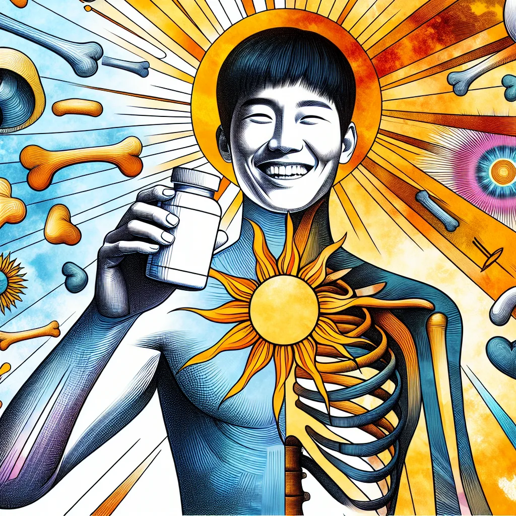 A vibrant illustration of a smiling Korean person, holding a vitamin D bottle, bathed in warm sunlight. A subtle bone structure graphic appears in the foreground, symbolizing healthy bones. Warm colors and high contrast highlight the positive effects of vitamin D. Minimalist design emphasizes the benefits of sunshine and bone health.