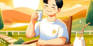 A Korean person, bathed in warm sunlight, smiles contentedly amidst a vibrant orange and yellow landscape. They are enjoying the outdoors, a plate of salmon and fortified milk nearby, symbolizing a healthy and happy day filled with vitamin-rich foods.